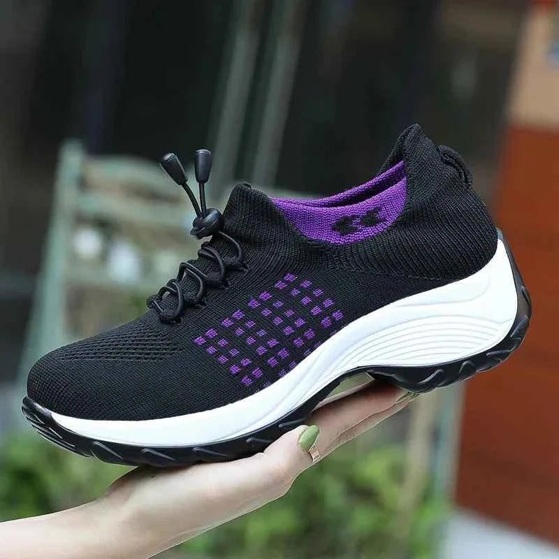 Women Walking Trainers Fashion Fly Weaving Sock Sneakers Breathe Comfort Nursing Shoes Casual Platform Loafers Non-Slip