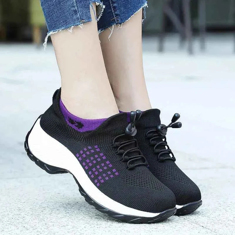 Women Walking Trainers Fashion Fly Weaving Sock Sneakers Breathe Comfort Nursing Shoes Casual Platform Loafers Non-Slip