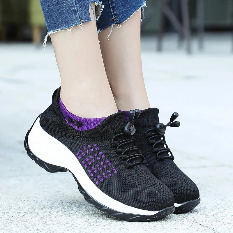Women Walking Trainers Fashion Fly Weaving Sock Sneakers Breathe Comfort Nursing Shoes Casual Platform Loafers Non-Slip