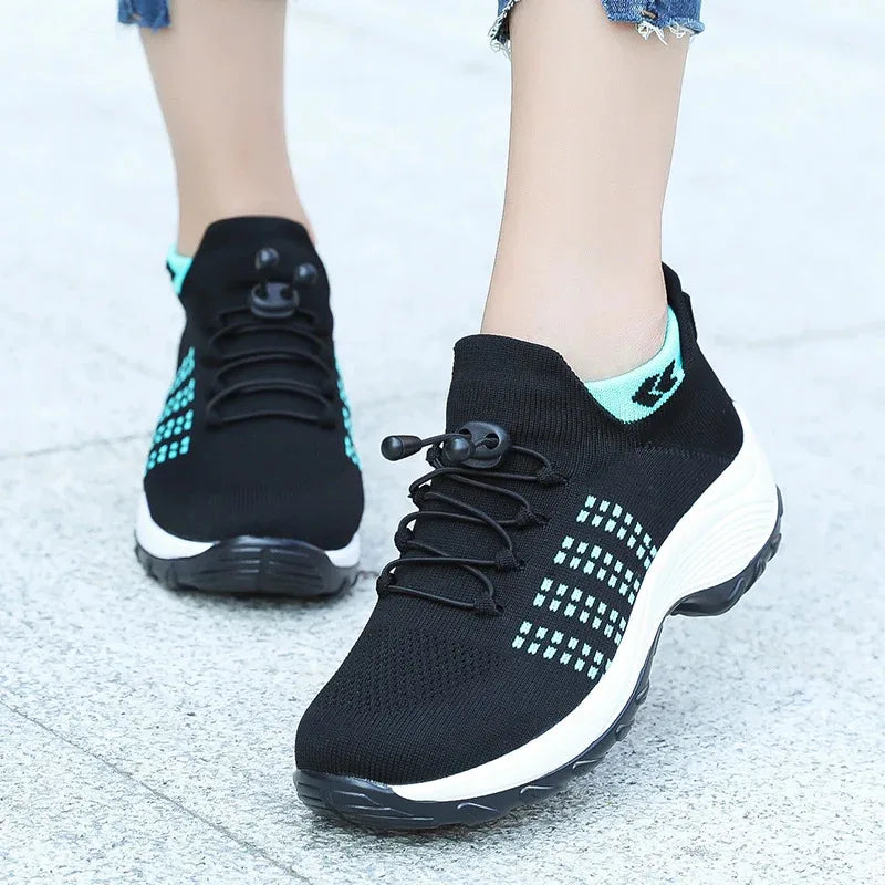 Women Walking Trainers Fashion Fly Weaving Sock Sneakers Breathe Comfort Nursing Shoes Casual Platform Loafers Non-Slip