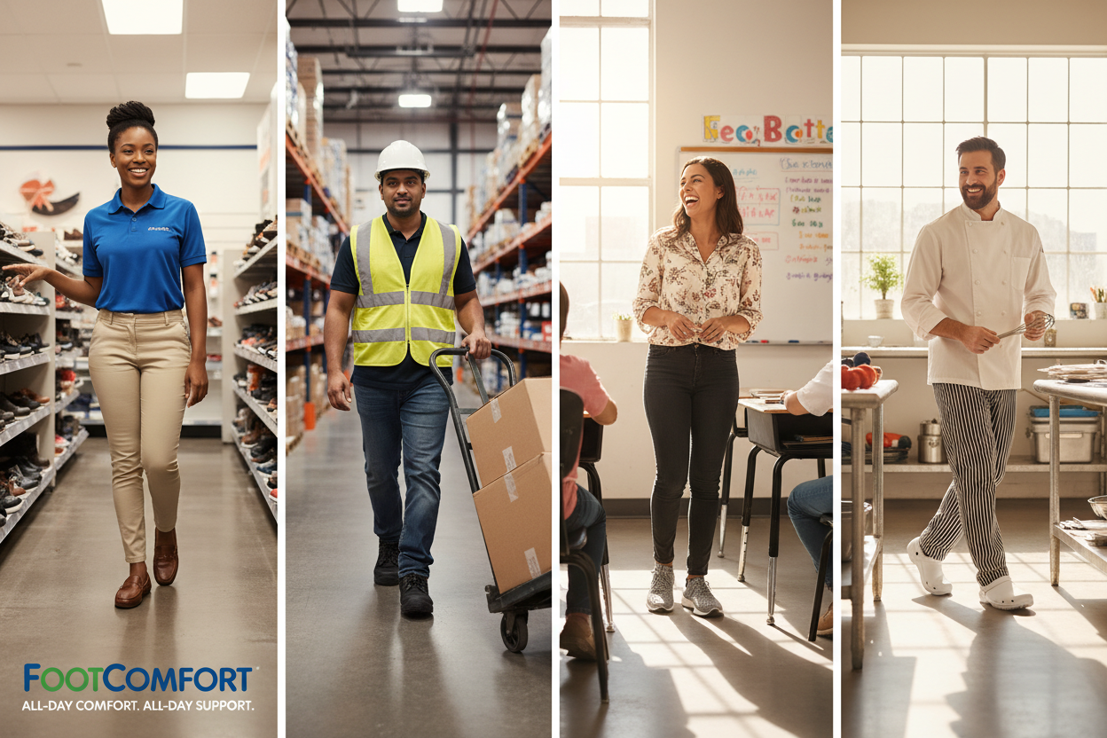 Create a hero banner for ShopSmart’s 'FootComfort' shoes, targeting US workers who spend long hours on their feet (retail, warehouse, teaching, hospitality). Show adults standing, walking, or moving comfortably at work, wearing wide-fit, orthopedic, and diabetic-friendly shoes. Highlight relief from foot pain, swelling, and fatigue, emphasizing all-day comfort and support. Use lifestyle imagery with realistic workplaces (stores, classrooms, kitchens, warehouses), natural lighting, and soft shadows under fee