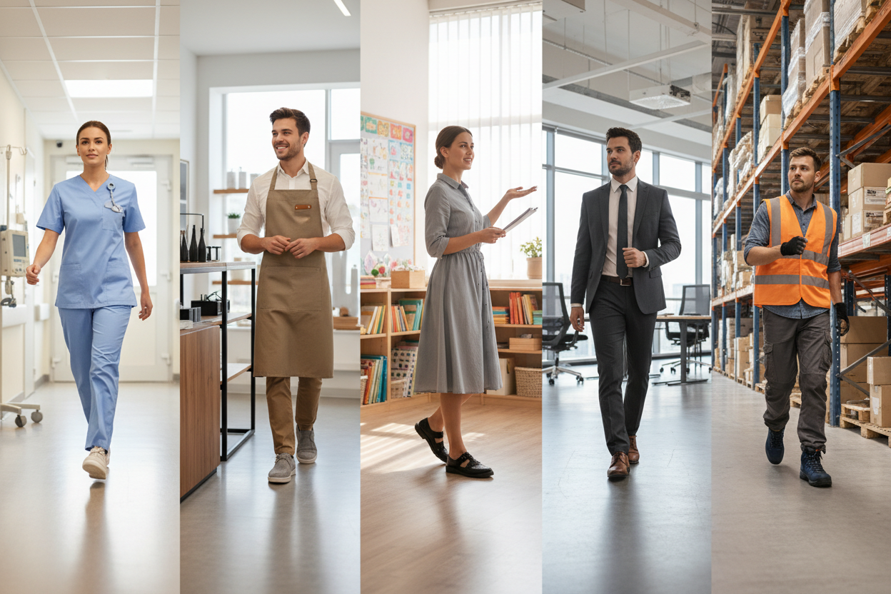 Create a wide horizontal hero banner image (2000 px × 800 px) showing multiple professionals—nurse, retail worker, teacher, office worker, warehouse worker—walking, moving, or standing naturally in their work environments. Emphasize dynamic posture, motion, and all-day comfort of wide-fit, orthopedic, cushioned shoes. Background: realistic hospital corridor, office, classroom, store, or warehouse. Use soft natural lighting, subtle shadows, and realistic textures. Style should feel premium, professional, and